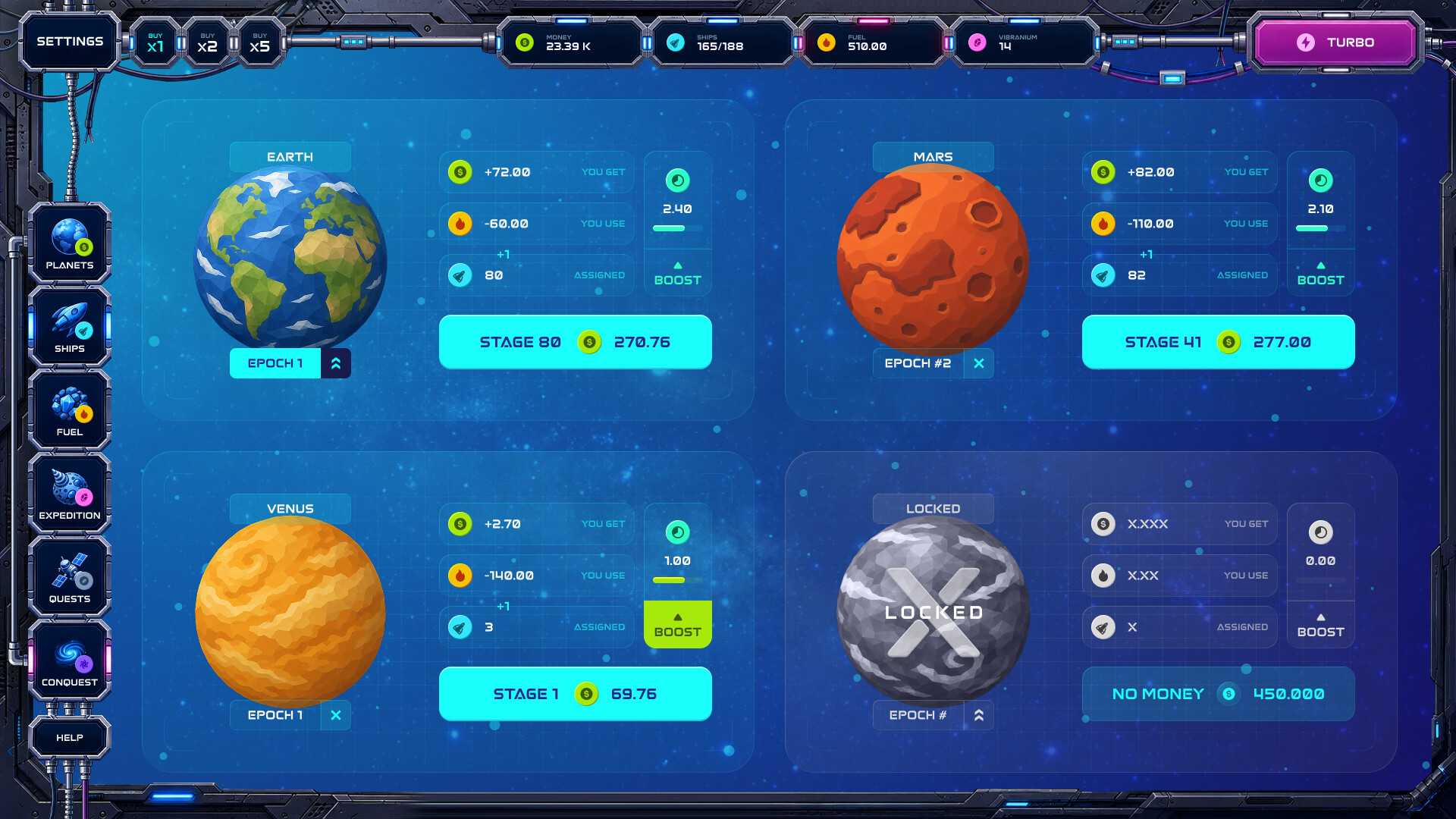 Galaxy Exodus planets screen