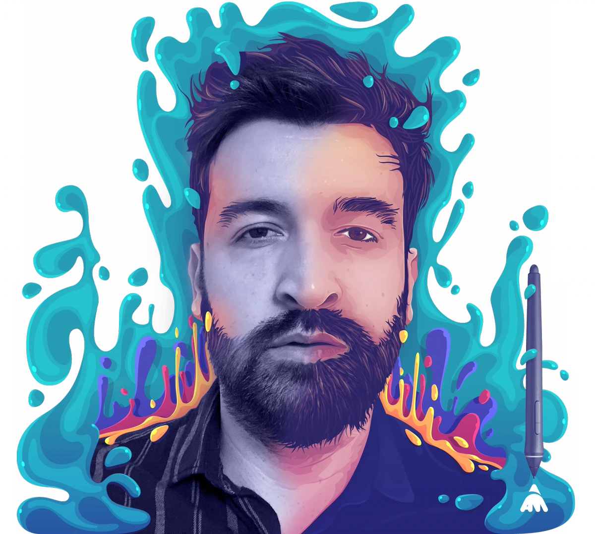 Illustrated portrait of Andrei Marius with colourful liquid splashes, full colour